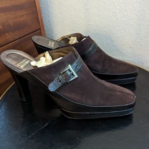 Stuart Weitzman suede high platform mule with metallic buckle, chocolate brown